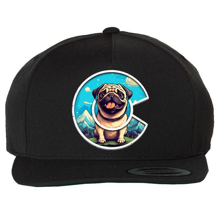 Colorado Pug Cute Cartoon Pug Dog in the Mountains C Logo Wool Snapback Cap