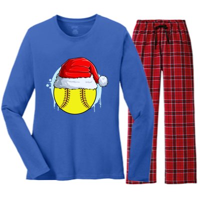 Catcher Pitcher Christmas Softball Ball Santa Hat Gift Women's Long Sleeve Flannel Pajama Set 