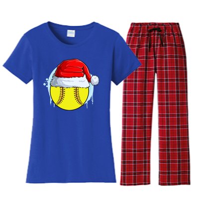 Catcher Pitcher Christmas Softball Ball Santa Hat Gift Women's Flannel Pajama Set