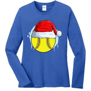 Catcher Pitcher Christmas Softball Ball Santa Hat Gift Ladies Long Sleeve Shirt