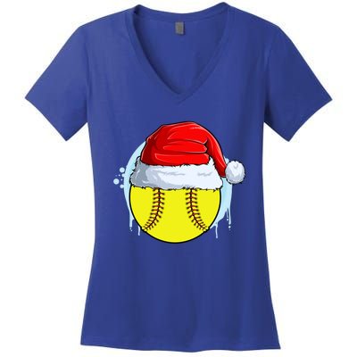 Catcher Pitcher Christmas Softball Ball Santa Hat Gift Women's V-Neck T-Shirt