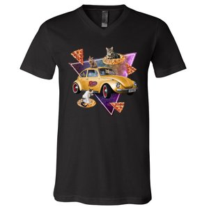 Cat Pizza Car Galaxy V-Neck T-Shirt