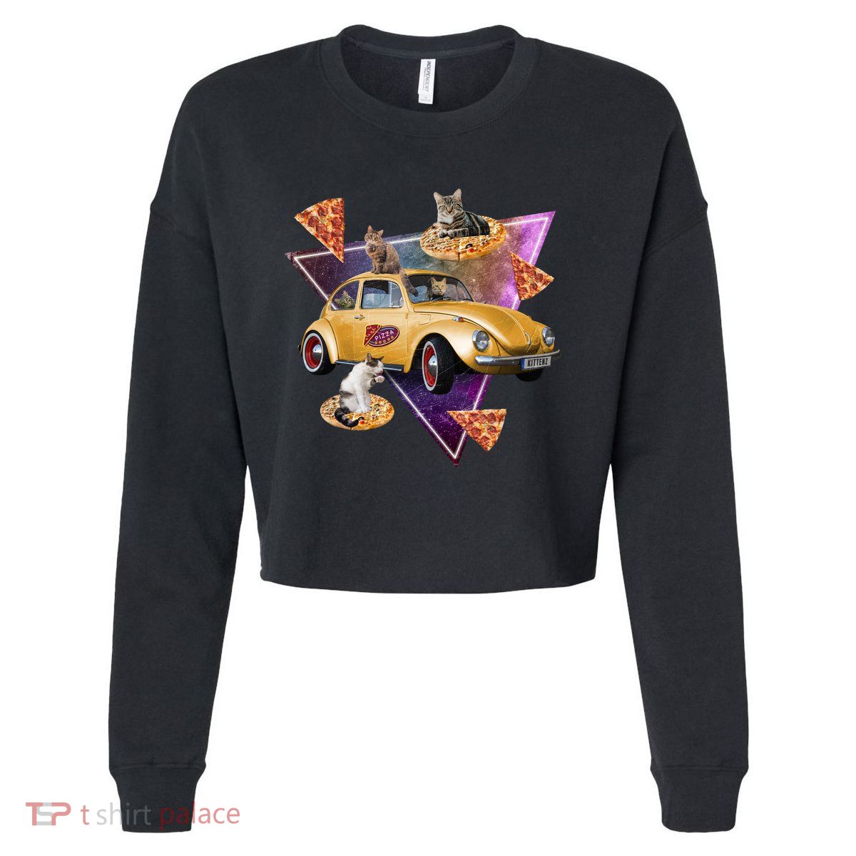 Cat Pizza Car Galaxy Cropped Pullover Crew