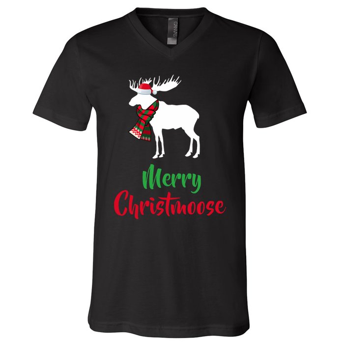 Christmas Pajama Christmas Moose Santa Hat V-Neck T-Shirt