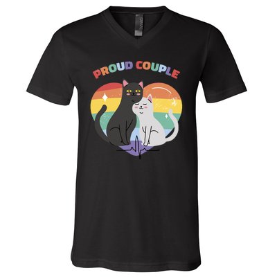 Cat Proud Couple Pride Heart V-Neck T-Shirt