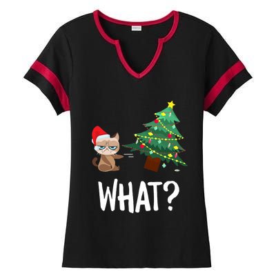 Cat Pushing Christmas Tree Over Funny What Cat Christmas Ladies Halftime Notch Neck Tee