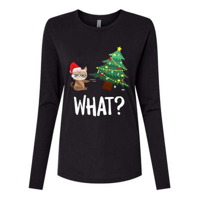 Cat Pushing Christmas Tree Over Funny What Cat Christmas Womens Cotton Relaxed Long Sleeve T-Shirt