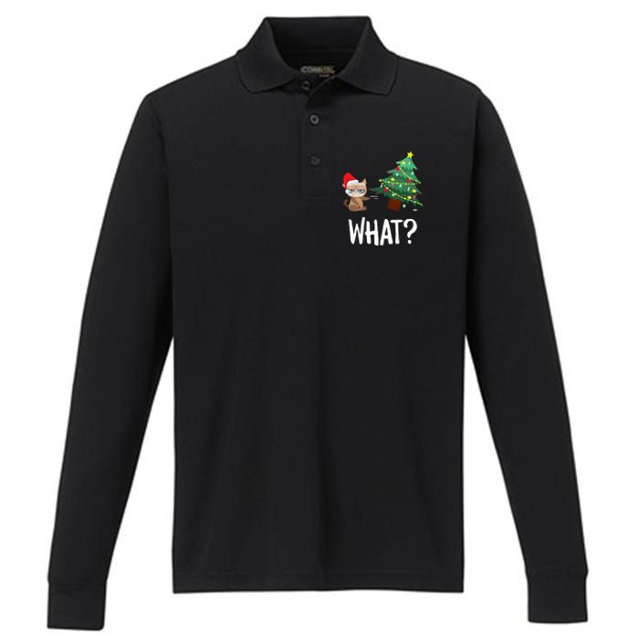 Cat Pushing Christmas Tree Over Funny What Cat Christmas Performance Long Sleeve Polo