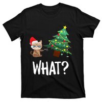 Cat Pushing Christmas Tree Over Funny What Cat Christmas T-Shirt