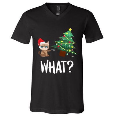 Cat Pushing Christmas Tree Over Funny What Cat Christmas V-Neck T-Shirt