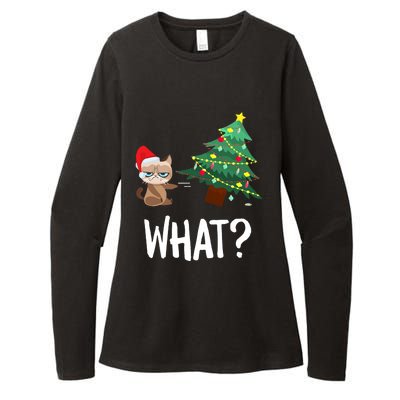 Cat Pushing Christmas Tree Over Funny What Cat Christmas Womens CVC Long Sleeve Shirt