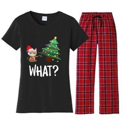 Cat Pushing Christmas Tree Over Funny What Cat Christmas Women's Flannel Pajama Set