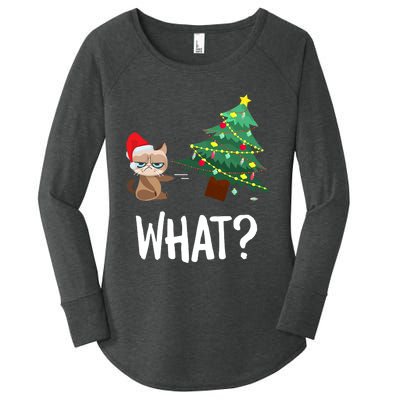 Cat Pushing Christmas Tree Over Funny What Cat Christmas Women's Perfect Tri Tunic Long Sleeve Shirt