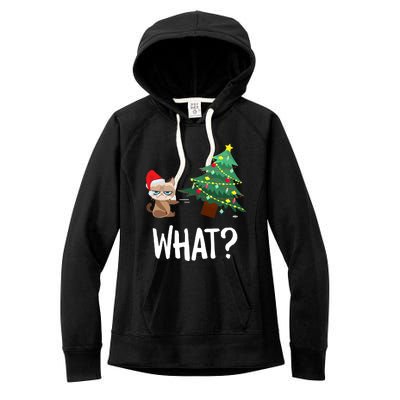 Cat Pushing Christmas Tree Over Funny What Cat Christmas Women's Fleece Hoodie