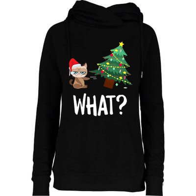 Cat Pushing Christmas Tree Over Funny What Cat Christmas Womens Funnel Neck Pullover Hood