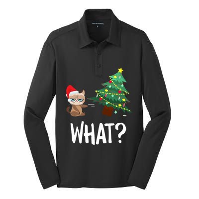 Cat Pushing Christmas Tree Over Funny What Cat Christmas Silk Touch Performance Long Sleeve Polo