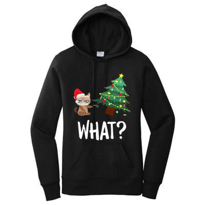 Cat Pushing Christmas Tree Over Funny What Cat Christmas Women's Pullover Hoodie