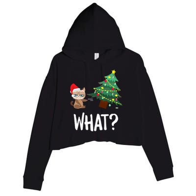 Cat Pushing Christmas Tree Over Funny What Cat Christmas Crop Fleece Hoodie