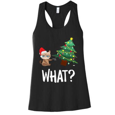 Cat Pushing Christmas Tree Over Funny What Cat Christmas Women's Racerback Tank