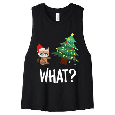 Cat Pushing Christmas Tree Over Funny What Cat Christmas Women's Racerback Cropped Tank