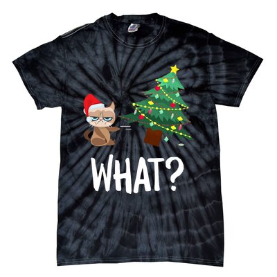 Cat Pushing Christmas Tree Over Funny What Cat Christmas Tie-Dye T-Shirt