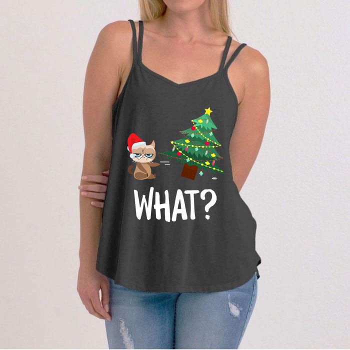 Cat Pushing Christmas Tree Over Funny What Cat Christmas Women's Strappy Tank