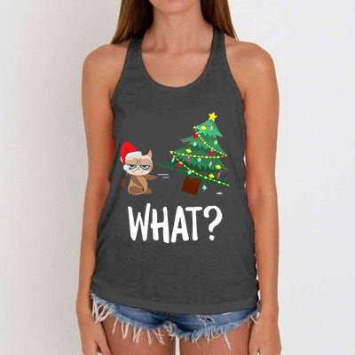 Cat Pushing Christmas Tree Over Funny What Cat Christmas Women's Knotted Racerback Tank