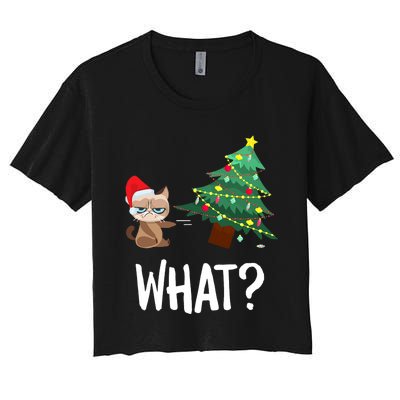 Cat Pushing Christmas Tree Over Funny What Cat Christmas Women's Crop Top Tee