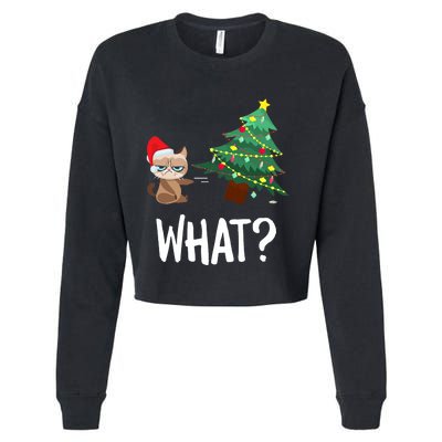 Cat Pushing Christmas Tree Over Funny What Cat Christmas Cropped Pullover Crew