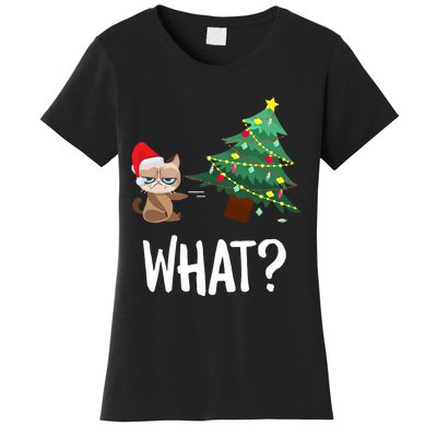 Cat Pushing Christmas Tree Over Funny What Cat Christmas Women's T-Shirt