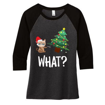 Cat Pushing Christmas Tree Over Funny What Cat Christmas Women's Tri-Blend 3/4-Sleeve Raglan Shirt