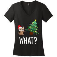 Cat Pushing Christmas Tree Over Funny What Cat Christmas Women's V-Neck T-Shirt