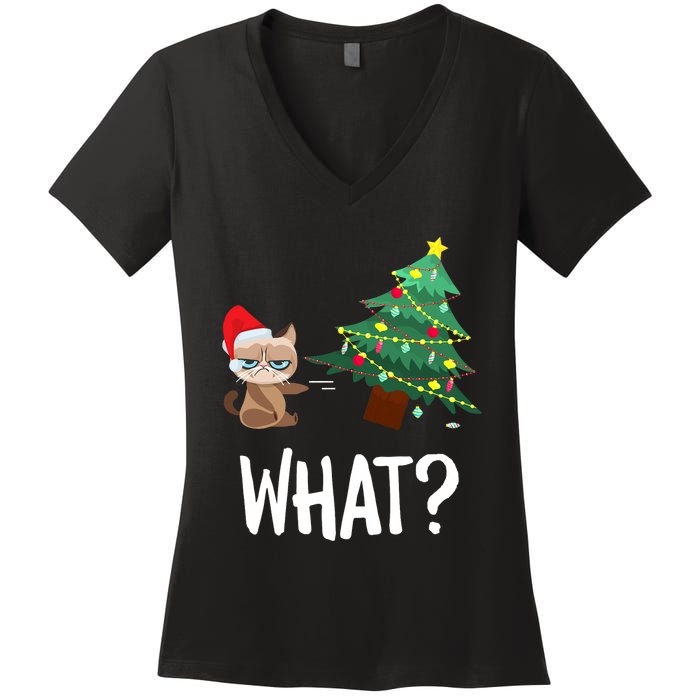 Cat Pushing Christmas Tree Over Funny What Cat Christmas Women's V-Neck T-Shirt