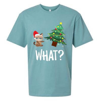 Cat Pushing Christmas Tree Over Funny What Cat Christmas Sueded Cloud Jersey T-Shirt