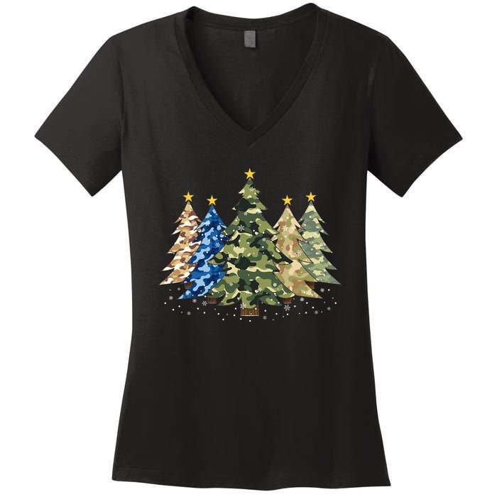 Camo Print Christmas Trees With Camouflage Print Xmas Women's V-Neck T-Shirt