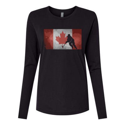 CanadianHockey Player Canada Flag Maple Leaf Ice Skating Womens Cotton Relaxed Long Sleeve T-Shirt