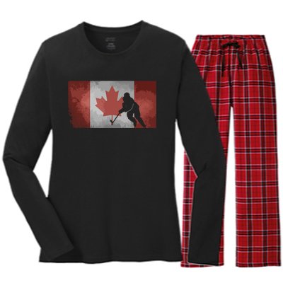 CanadianHockey Player Canada Flag Maple Leaf Ice Skating Women's Long Sleeve Flannel Pajama Set 