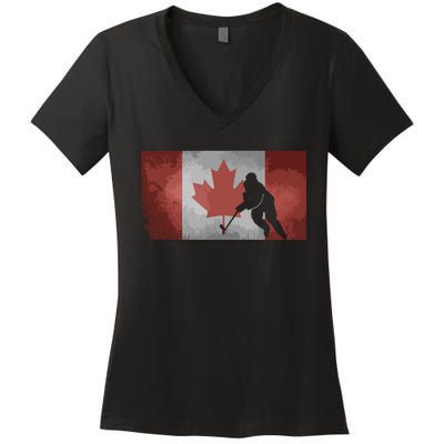 CanadianHockey Player Canada Flag Maple Leaf Ice Skating Women's V-Neck T-Shirt