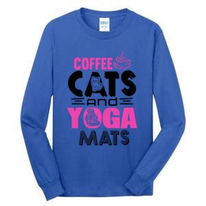 Cute Pink Coffee Cats And Yoga Mats Theme Great Gift Tall Long Sleeve T-Shirt