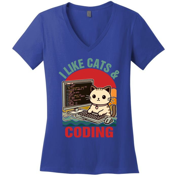 Coder Programmer Cat Lover Cat Dad I Like Cats And Coding Great Gift Women's V-Neck T-Shirt