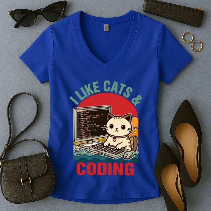 Coder Programmer Cat Lover Cat Dad I Like Cats And Coding Great Gift Women's V-Neck T-Shirt
