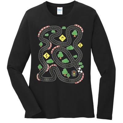 Cool Playmat Car Race Track On Back Dad Ladies Long Sleeve Shirt