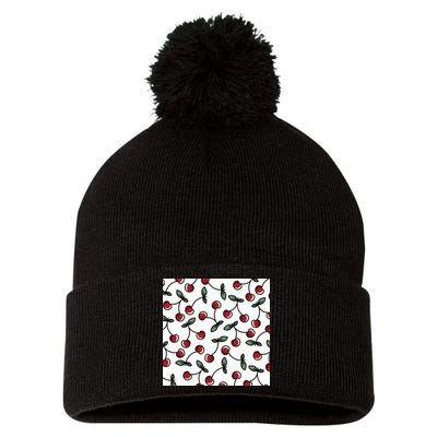 Cherry Pattern Pom Pom 12in Knit Beanie
