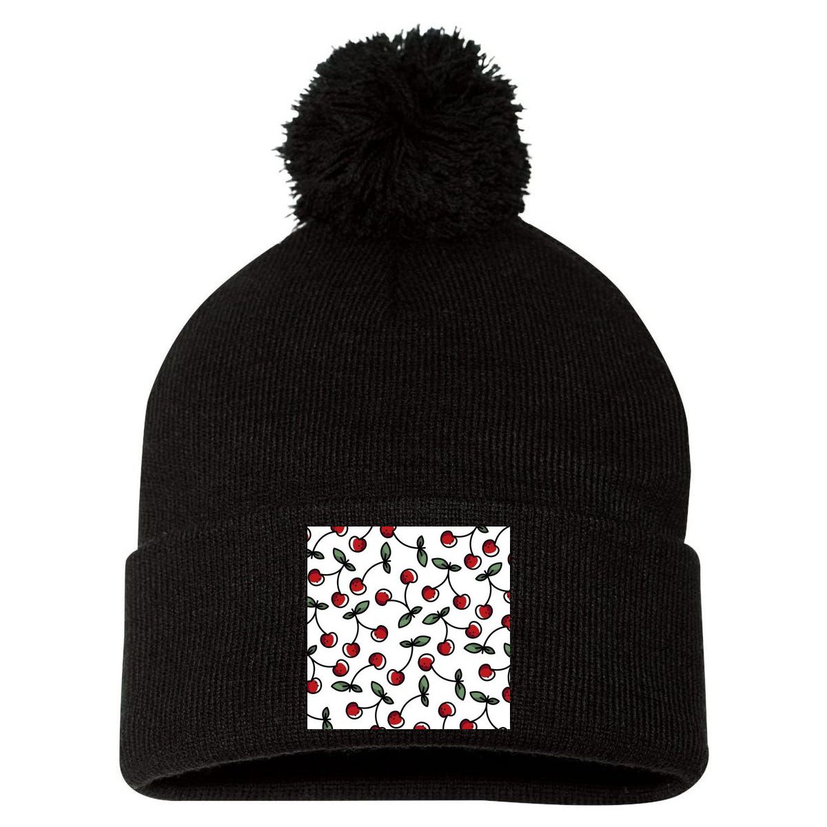 Cherry Pattern Pom Pom 12in Knit Beanie