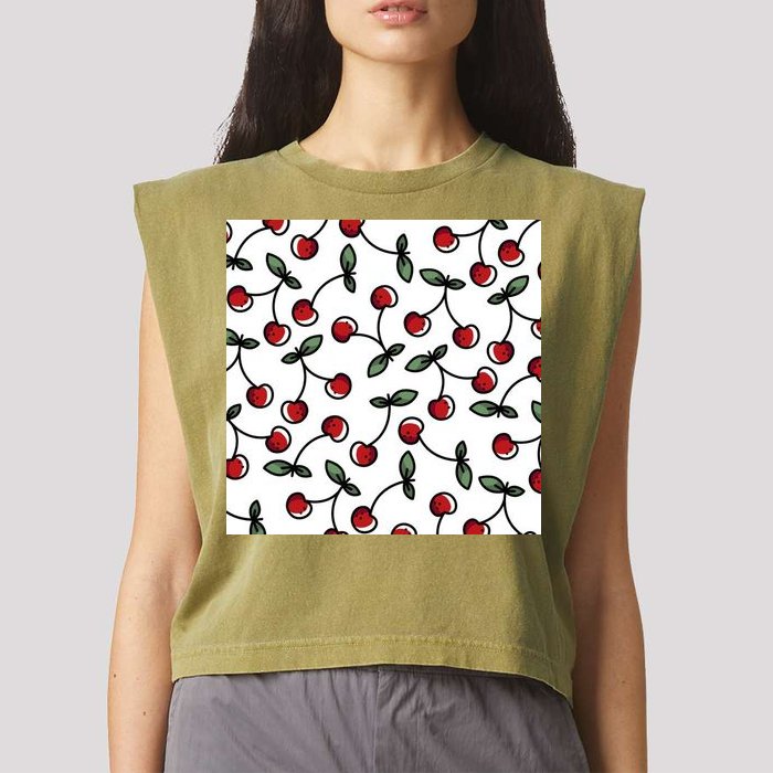 Cherry Pattern Garment-Dyed Women's Muscle Tee