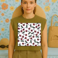 Cherry Pattern Garment-Dyed Women's Muscle Tee