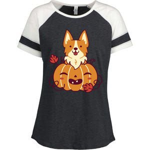 Cute Pumpkin Corgi Dog Halloween Enza Ladies Jersey Colorblock Tee