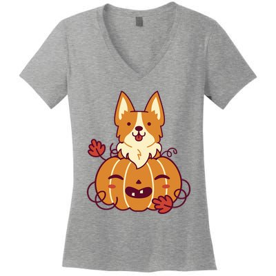 Cute Pumpkin Corgi Dog Halloween Women's V-Neck T-Shirt