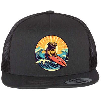 Cute Pug Dog Surfing Japanese Great Waves Surf Board Sunset Flat Bill Trucker Hat