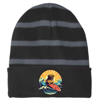 Cute Pug Dog Surfing Japanese Great Waves Surf Board Sunset Striped Beanie with Solid Band